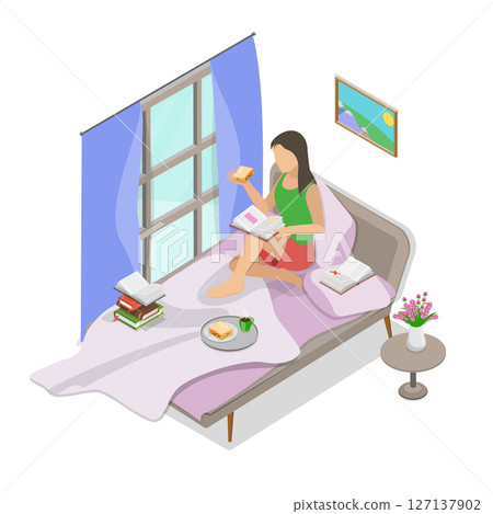 3D Isometric Flat  Illustration of Literature Fan, Resting and Reading a Book at Home 127137902