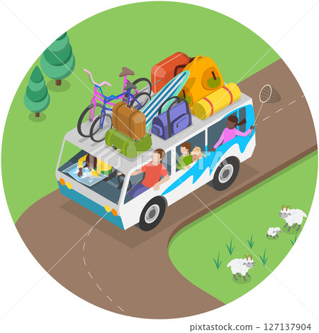 3D Isometric Flat  Illustration of Happy Family Trip, Camping and Adventure On The Road 127137904