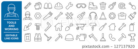 Tools and working safety editable line icons set. Repair, handyman, fixing, work, safety gears, tool logo, icon, sign collection. Vector illustration image. Isolated on white background. Tools and working safety editable line icons set. Repair, handyman, fixing, work, safety gears, tool logo, icon, sign collection. Vector illustration image. Isolated on white background. 127137920
