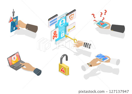 3D Isometric Flat  Set of Computer Hacking Scenes, Vulnerabilities Exploiting And Stealing Secure Data For Personal Gain 127137947