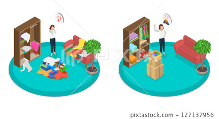 3D Isometric Flat  Illustration of Decluttering, Sell Arranged Clothes 127137956