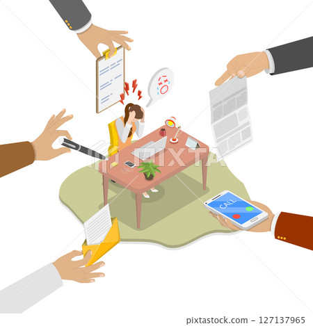 3D Isometric Flat  Illustration of Crying Stressed Business Woman, Employee Emotional Outburst 127137965