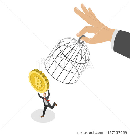 3D Isometric Flat  Illustration of Cryptocurrency Regulation, Government Trying to Control Crypto 127137969