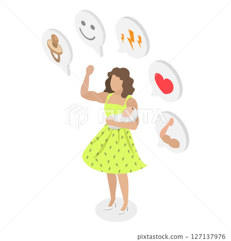 3D Isometric Flat Illustration of Super Mother, Motherhood and Heroism 3D Isometric Flat Illustration of Super Mother, Motherhood and Heroism 127137976