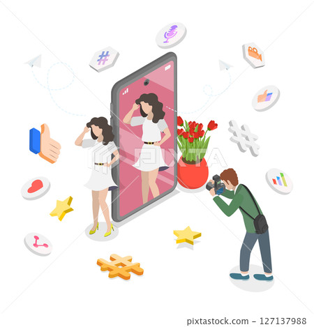 3D Isometric Flat  Illustration of Young Cheerful Girl Taking Picture of Herself, Social Media Connections 127137988
