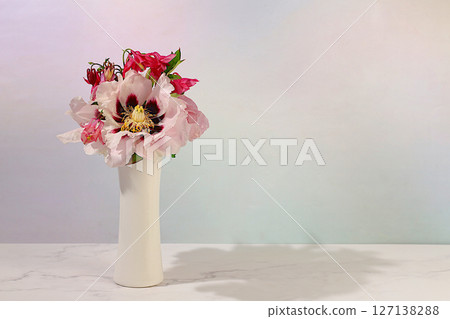 Still life with spring flowers mountain peony and columbine in vase on elegant modern table,template for your design with space for text,minimal beauty concept,beautiful flower card, Still life with spring flowers mountain peony and columbine in vase on elegant modern table,template for your design with space for text,minimal beauty concept,beautiful flower card, 127138288