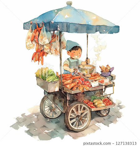 Street vendor prepares delicious meals in a bustling market during the afternoon in a vibrant urban setting 127138313