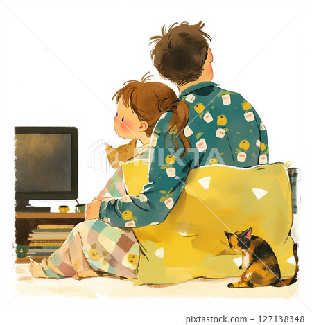 Cozy evening at home with family watching television while cuddling with a cat and enjoying warmth 127138348