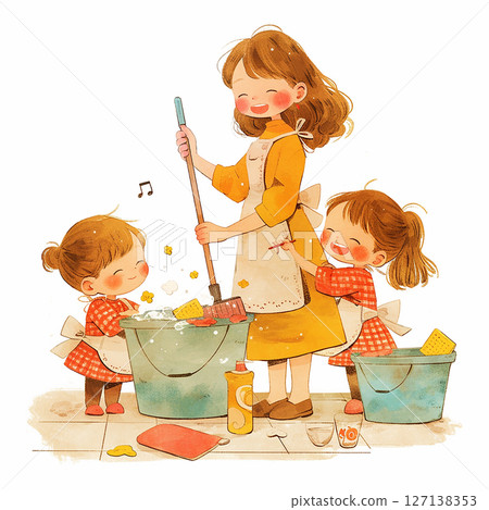 Children help clean while enjoying music in a cheerful kitchen on a sunny afternoon Children help clean while enjoying music in a cheerful kitchen on a sunny afternoon 127138353