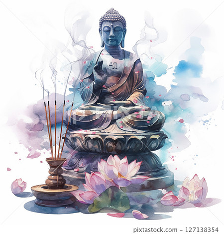 Serene Buddha statue surrounded by incense and lotus flowers in a tranquil setting 127138354