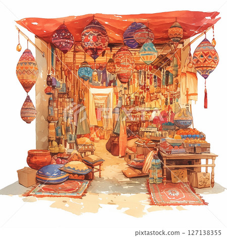 Colorful bazaar with hanging lanterns and ornate crafts in a bustling market square during the day Colorful bazaar with hanging lanterns and ornate crafts in a bustling market square during the day 127138355