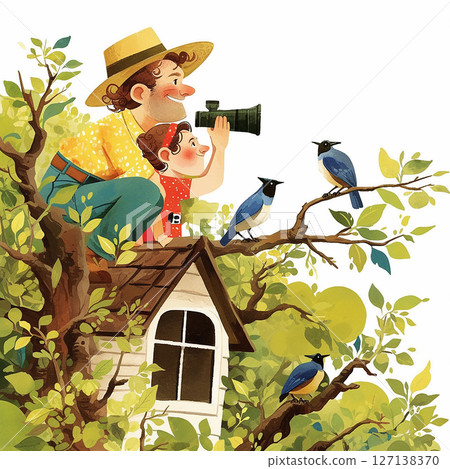 Father and child birdwatching together in a lush tree with bluebirds during a sunny day 127138370