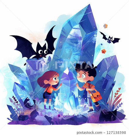 Children explore a magical cave filled with sparkling crystals and playful bats in a vibrant, whimsical setting 127138398