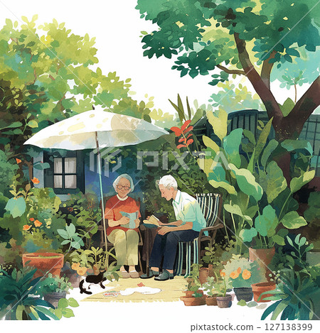 Elderly couple enjoying a peaceful afternoon in a lush garden while reading books under a large umbrella 127138399