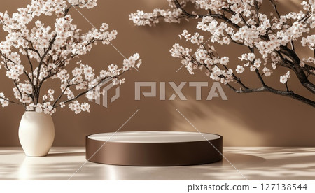 Abstract Podium And Sakura With Brown For Product Presentation Branding In Cosmetic Rendering 127138544
