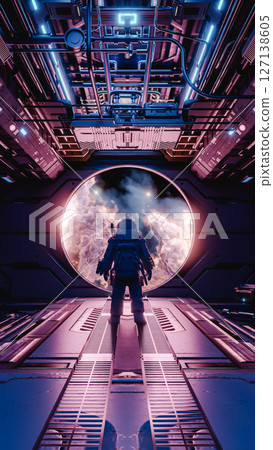 Astronaut observing pink nebula from spaceship window: futuristic space exploration. 3d render Astronaut observing pink nebula from spaceship window: futuristic space exploration. 3d render 127138605