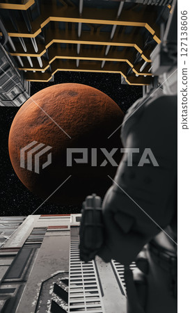 Astronaut observing mars from space station window. 3d render Astronaut observing mars from space station window. 3d render 127138606