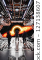 Astronauts observing black hole from spaceship interior. 3d render 127138607