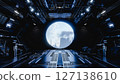 Futuristic spaceship interior showing skyline through porthole window. 3d render 127138610