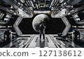 Astronaut observing moon from spaceship hangar bay: lunar exploration mission. 3d render 127138612