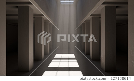Sunbeams falling through skylight onto columns. 3d animation Sunbeams falling through skylight onto columns. 3d animation 127138614