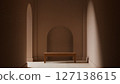 Wooden bench for product presentation in arched terracotta room. 3d render 127138615