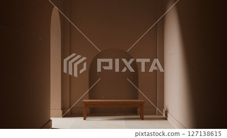 Wooden bench for product presentation in arched terracotta room. 3d render 127138615