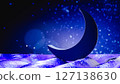 Crescent moon glowing over sparkling purple surface. 3d render 127138630
