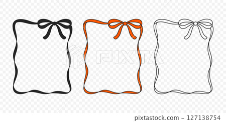 Vector Ribbon Frame Set with Bow. Decorative Hand Drawn Ribbon Frame Outline In Black, Red, White for Greeting Card Design, Invitation, Scrapbooking, Gift Packaging, Stationery, Border Decoration 127138754