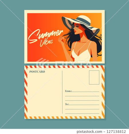 summer postcard with brunette girl in white top and hat flat vector illustration. 127138812