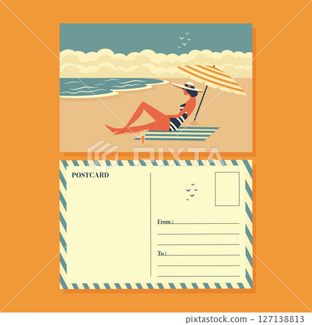 summer postcard design with girl relaxing on the beach flat vector illustration. 127138813