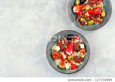 Salad of preserved soy sprouts and pickled vegetables. 127138994