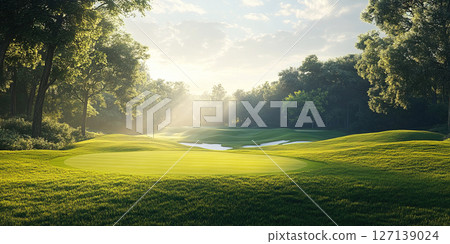 Golf course with player hitting ball into the distance during golden hour lighting. Header banner mockup with copy space. 127139024