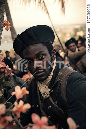 Depiction of a soldier during the Haitian Revolution surrounded by tropical flora 127139026