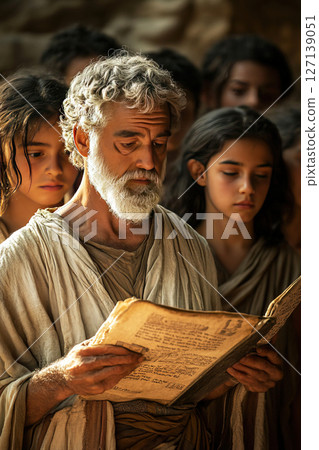 Aristotle lectures teens from a papyrus in an ancient Greek classroom 127139051