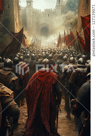 Crusaders advance in a military battle during the siege of Constantinople in the Crusades era 127139071