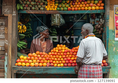 African stall with exotic tropical fresh fruits, sellers Africans smiling friendly. African stall with exotic tropical fresh fruits, sellers Africans smiling friendly. 127139091