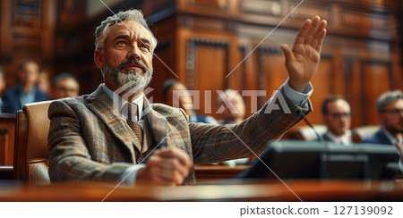 Male court witness swearing oath with hand raised in courtroom with jury and audience in vintage courtroom interior. 127139092
