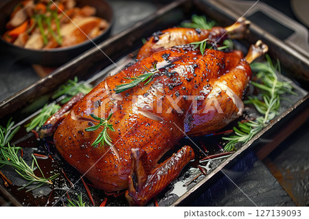 Peking duck traditional asian chinese restaurant dish, fried poultry with crispy skin. 127139093