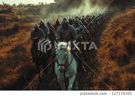 Knights in armor on horseback advance during a crusade in an aerial view of the battlefield 127139165