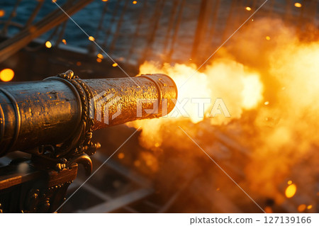Galleon ship fires cannons in a dramatic sea battle during medieval times 127139166