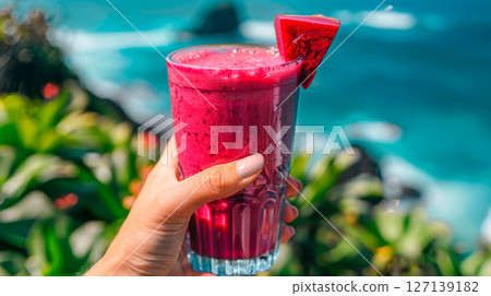 Beetroot matcha latte in clear glass held by hand, soft coastal morning light and blurred seascape Beetroot matcha latte in clear glass held by hand, soft coastal morning light and blurred seascape 127139182