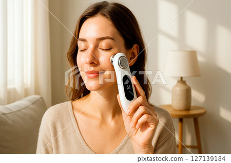 Woman using smart beauty gadget at home with glowing skin and natural light. Woman using smart beauty gadget at home with glowing skin and natural light. 127139184
