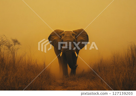 Mystical elephant walking through golden haze in an African safari landscape Mystical elephant walking through golden haze in an African safari landscape 127139203