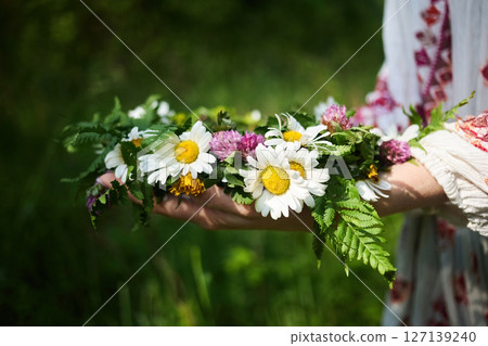 Summer Solstice Day, Midsummer night. Wildflower wreath. Ligo, Ivan Kupala traditions. Summer Solstice Day, Midsummer night. Wildflower wreath. Ligo, Ivan Kupala traditions. 127139240