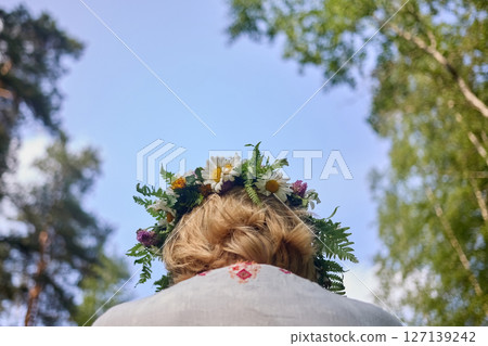 Girl in flower wreath. Summer Solstice Day, Midsummer, Girl in flower wreath. Summer Solstice Day, Midsummer, 127139242