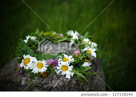 Summer Solstice Day, Midsummer night. Wildflower wreath. Ligo, Ivan Kupala traditions. 127139244