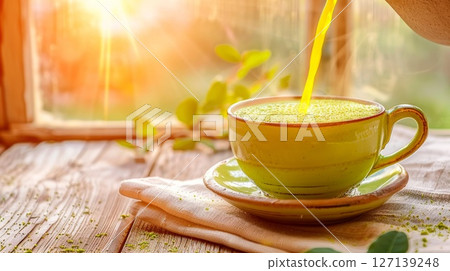 Golden turmeric matcha latte poured into clay cup, hand in frame, natural sunlight and soft linen curtain, warm wellness mood 127139248