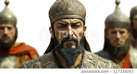Powerful warrior leader stands at the forefront of a fierce battle in Tamerlane. Header banner mockup with copy space. 127139261