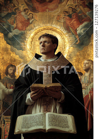 Portrayal of Thomas Aquinas in a sacred setting with dramatic lighting Portrayal of Thomas Aquinas in a sacred setting with dramatic lighting 127139276